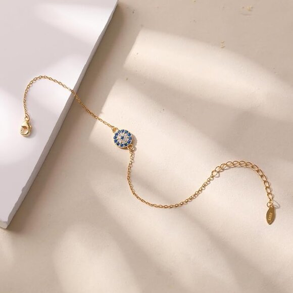 Gold Evil Eye Bracelet 925 Sterling Silver Blue CZ Link Chain NWT - Picture 4 of 5